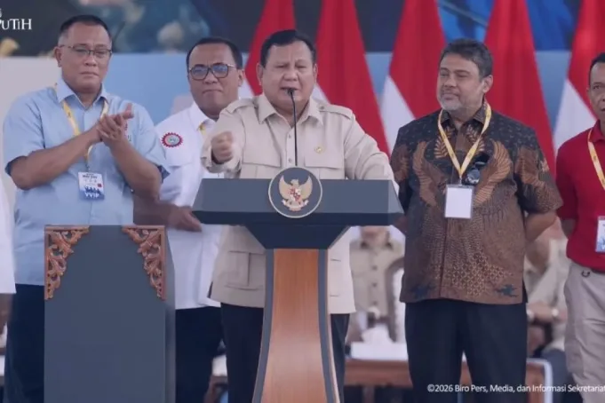 Tangkapan layar - Presiden Prabowo Subianto berpidato pada puncak Peringatan Hari Buruh Internasional 2026 atau May Day di kawasan Monumen Nasional, Jakarta Pusat, Jumat (1/5/2026). (ANTARA/Youtube Sekretariat Presiden)